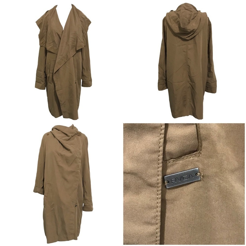 RVCA Drape Me A River Trench Coat Hooded in Camel Size Large 12
